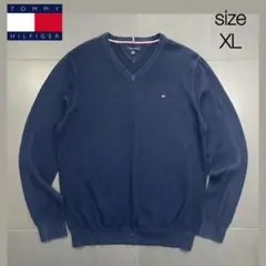 トミーヒルフィガー　 フラッグロゴ Vネック ニット セーター ネイビー　XL