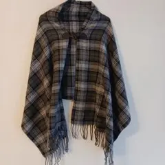 グレー系チェック フリンジ付きポンチョ