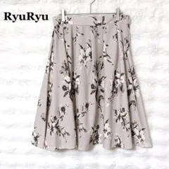 リュリュ ひざ丈 フレアスカート L グレージュ 花柄 薄手 Aライン 上品のサムネイル