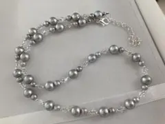本真珠 淡水パール スワロフスキーネックレス シルバーグレー