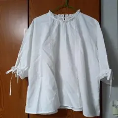 サマンサモスモス　レース装飾付きホワイト五分袖ブラウス