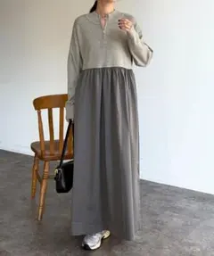 異素材ドッキングハーフジップワンピース