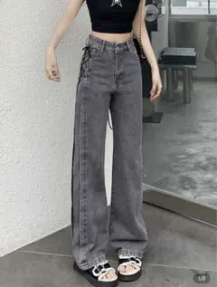 【新品未使用‼️】SHEIN ストレートデニムパンツ サイドレースアップ Mサイズ