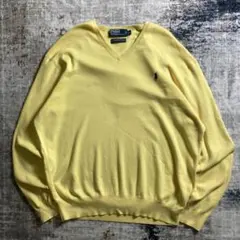 90s ポロラルフローレン コットン イエロー ワンポイント Vネック セーター