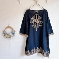 ショコラフィネ ローブチュニック　刺繍 ネイビー インド 綿100%のサムネイル