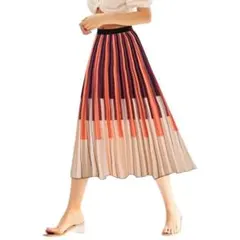 大人可愛い　上品　プリーツスカート　フレアロング　オレンジ　ベージュ　ブラウン