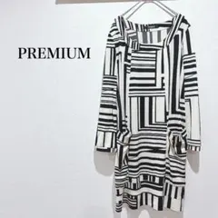 プレミアムバイビッキー 長袖カットソーワンピース 幾何学模様 カジュアル 黒 白