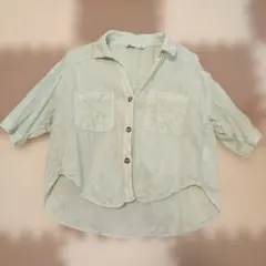 ZARA 五分袖リネンシャツ ライトグリーン
