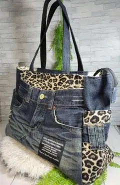 [デニムリメイク]　サイドポケット付きトートバッグ(大)　⑦