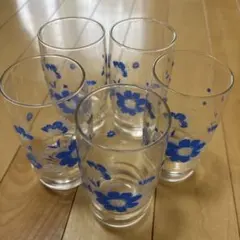 昭和レトロ 青い花柄グラス 5個セット