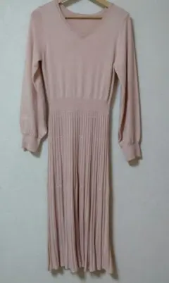 ピンク Vネック ニットロングワンピース