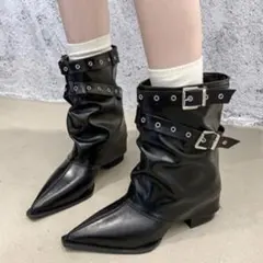 y2k ブラック　厚底　ロングブーツ　ウエスタンブーツ　ダブルベルト