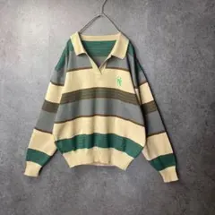 vintage　長袖シャツ　ニット生地　ボーダー　緑　ベージュ　ブラウン　刺繍