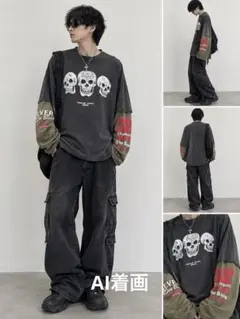 アメリカ古着リメイク スカル柄 長袖Tシャツ ドッキング3XLユニセックス