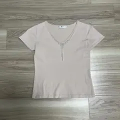 Dear Princess ベージュ Vネック 半袖 Tシャツ パール付き