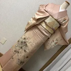 正絹袷ピンク花柄訪問着　正絹ゴールド松と花柄袋帯2点セット　美品