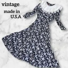 【80's】vintage ビッグ ビブカラー コットンパール ロングワンピース