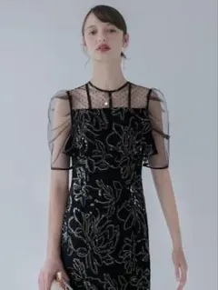 ドットチュールフラワースパンコールIラインワンピースドレス結婚式パーティー二次会