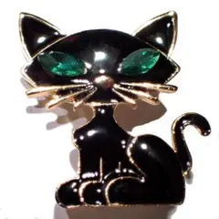 黒猫　クロネコ　ねこ　緑色　ラインストーン　ブローチ　ピンバッジ　ラペルピン