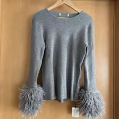 アウトレット品　ファー袖ニットトップス グレー リブニット セーター