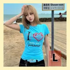 Y2K 平成ギャル ハートTシャツ L ショート丈T ピチT グランジ 水色