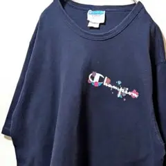 チャンピオン 花フラワーロゴ Tシャツ ネイビー 紺色 XL 古着