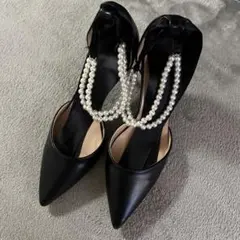 ブラック パール装飾 ポインテッドトゥ ハイヒール