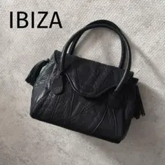 イビサIBIZA 極美品パッチワークレザーハンドバッグ　ブラック黒　フリンジ本革