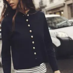 美品　ZARA ニットカーディガン　金ボタン　ノーカラージャケット