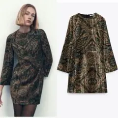 ZARA ペイズリー柄 ベルベットミニワンピース S