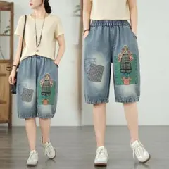 夏コーデ オシャレ 刺繍 プリント テーパードパンツ 薄手 カジュアル 五分丈