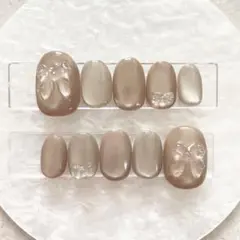 ネイルチップ ブラウン モカ マグネット ぷっくりリボン 大人可愛い 04347
