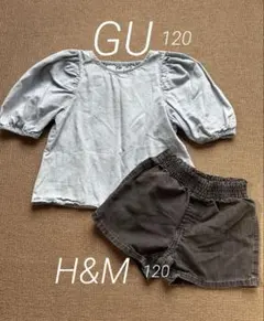 GU パフスリーブトップス　H&M デニム風ショートパンツ　120