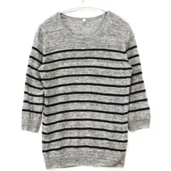 【良品計画】薄手針織衫/亞麻100％/七分袖/黑×灰/條紋圖案