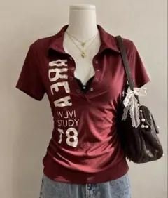 SHEIN ロゴ入り ポロシャツ 半袖 バーガンディ