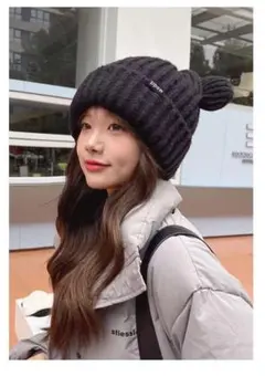 【新品】くま耳ニット帽　もこもこ　レディース　韓国　可愛い　ブラック