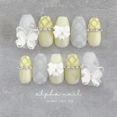イエロー蝶々キルティングネイルチップ