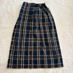 ◎ページボーイ　フリンジ　ロングスカート チェック柄　ネイビー　S