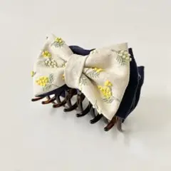 ミモザ刺繍 リボンバンスクリップ ヘアクリップ