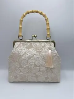 【ハンドメイド】がま口 ハンド バッグ バンブー 持ち手 #526