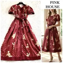 【美品】ピンクハウス ラビット うさぎ ピコフリル パフスリーブ ワンピース 赤