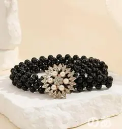 パールベルト　帯飾り　帯締め　黒　浴衣　成人式