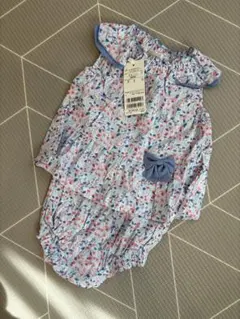 新品　プティマイン　花柄 ブルー　80 フリル付き　リボン　セットアップ