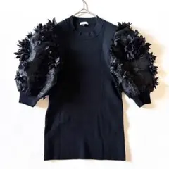 Sov. ソブ　花柄チュールニットトップス　立体フラワー　ブラック　38サイズのサムネイル