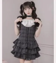 pium フロントリボンチョーカー半袖ワンピース ブラックチェック