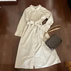 ナノユニバース　ロングシャツワンピース　　ネイビー　リボンベルト　長袖　ページュ