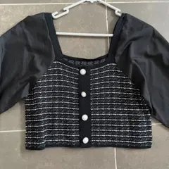 GRL ツイード調 パフスリーブ ブラウス パール調ボタン