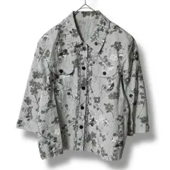 Lサイズ　七分袖ストライプシャツ　大きいサイズ　肩パッド　エレガント　フリル