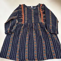 チロリアン長袖ワンピース 80ネイビー 花柄　コーデュロイ