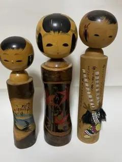 【昭和レトロ】こけし 3体セットまとめ木製 伝統工芸 ヴィンテージ 約30cm〜